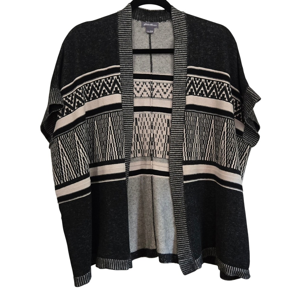 Eddie Bauer Womens Artsy Geometric Open Front Cardigan Sweater Gray Cream S /M